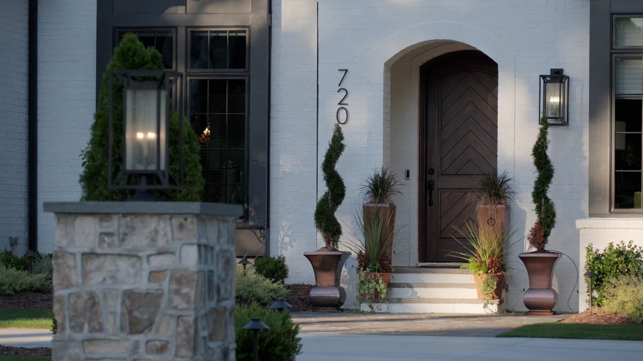 The arched wood front door of a white brick luxury home in golden light, framed by iron lanterns, stone, and manicured topiaries.